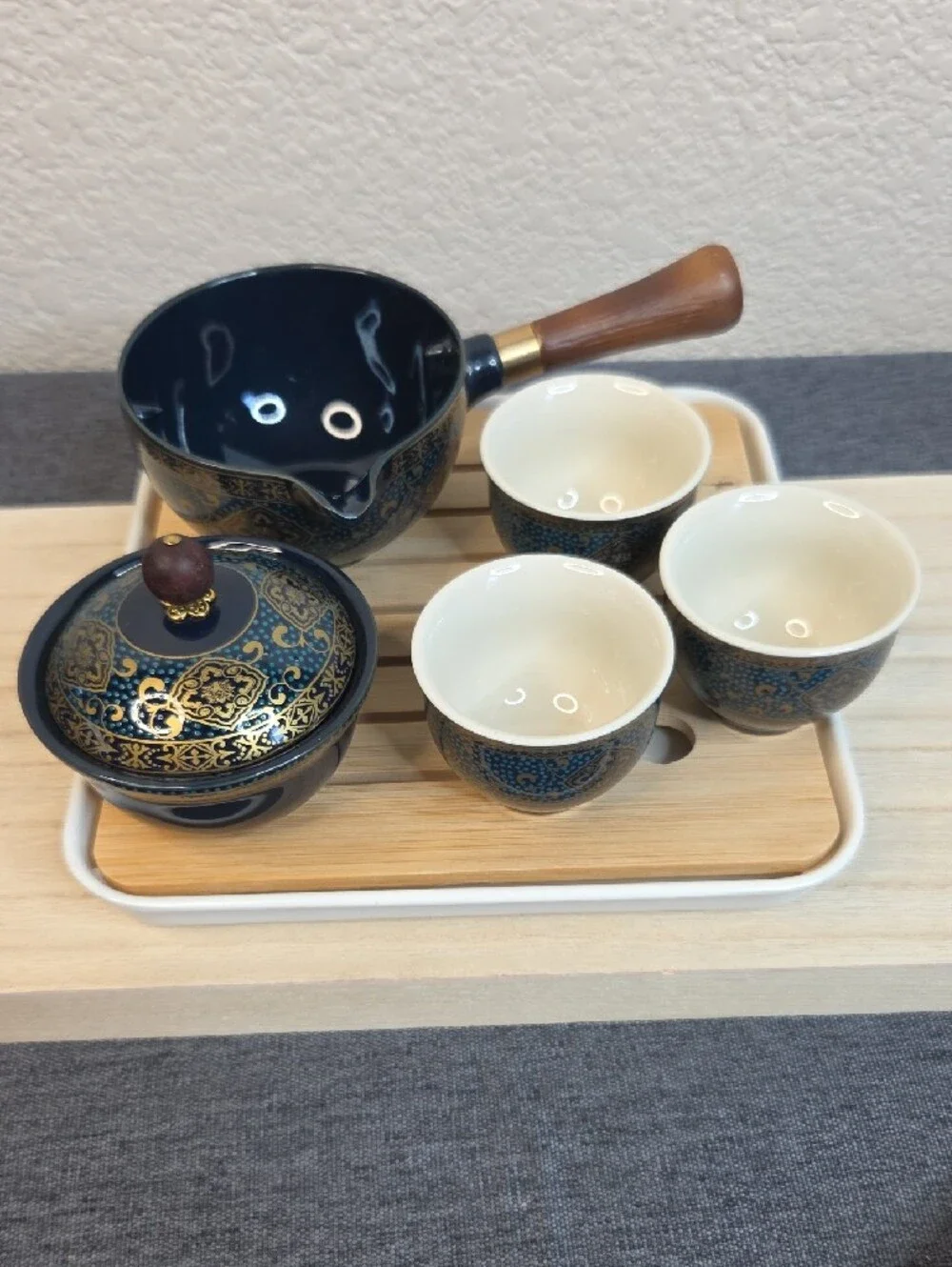 Elegant Blue and Gold Porcelain Infuser Travel Teapot Set with 3 Cups